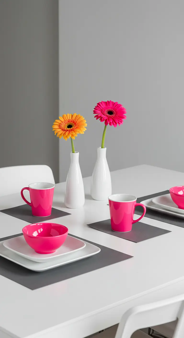 Table minimaliste blanche et grise avec des touches de vaisselle fuchsia.