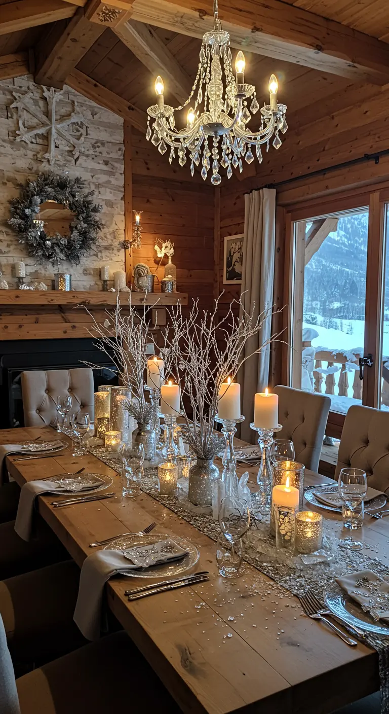 Table de fête glamour avec des branches argentées, des bougies et beaucoup de décorations scintillantes.