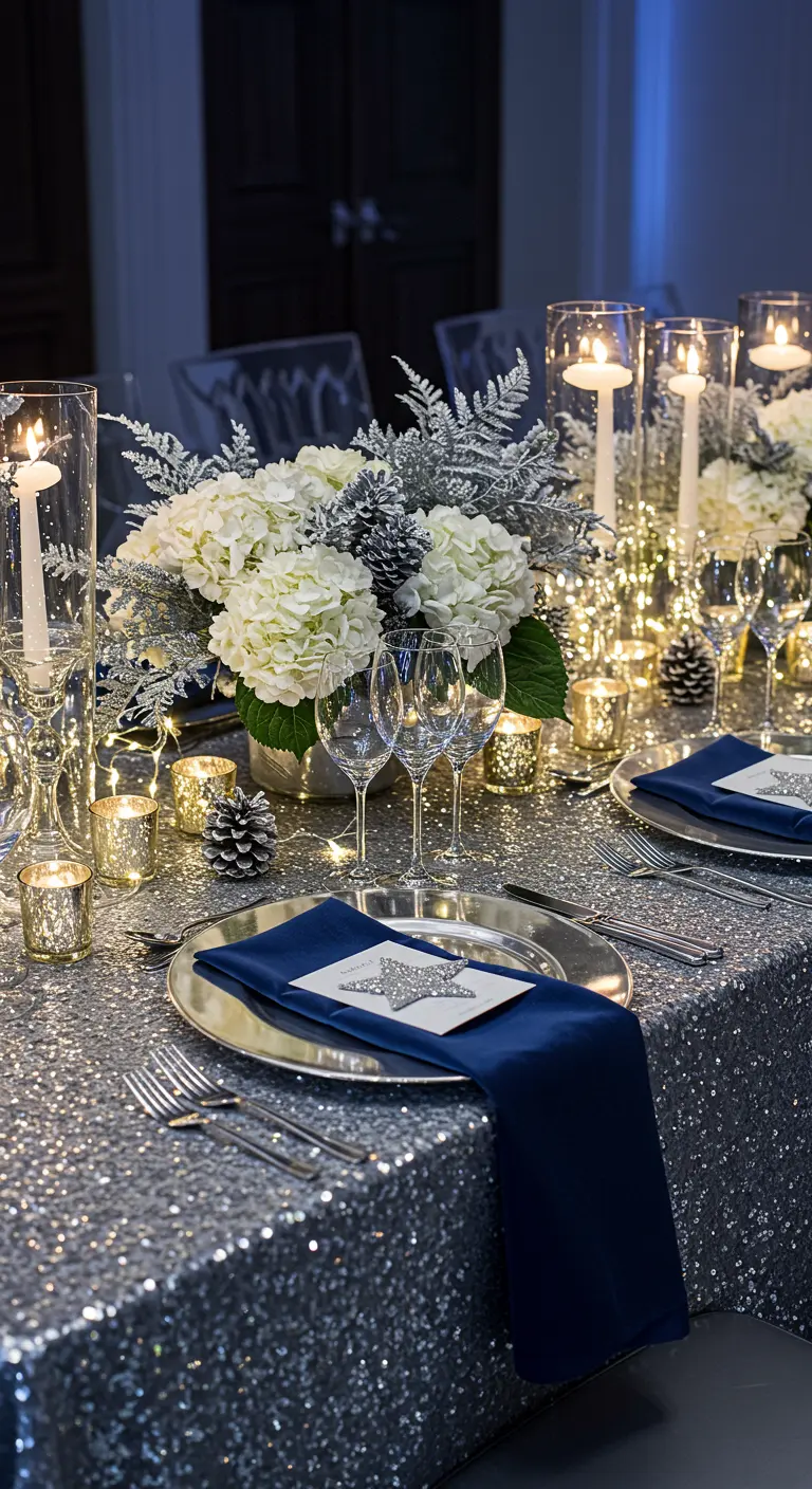 Table de fête argentée et bleue avec des fleurs blanches et des bougies.