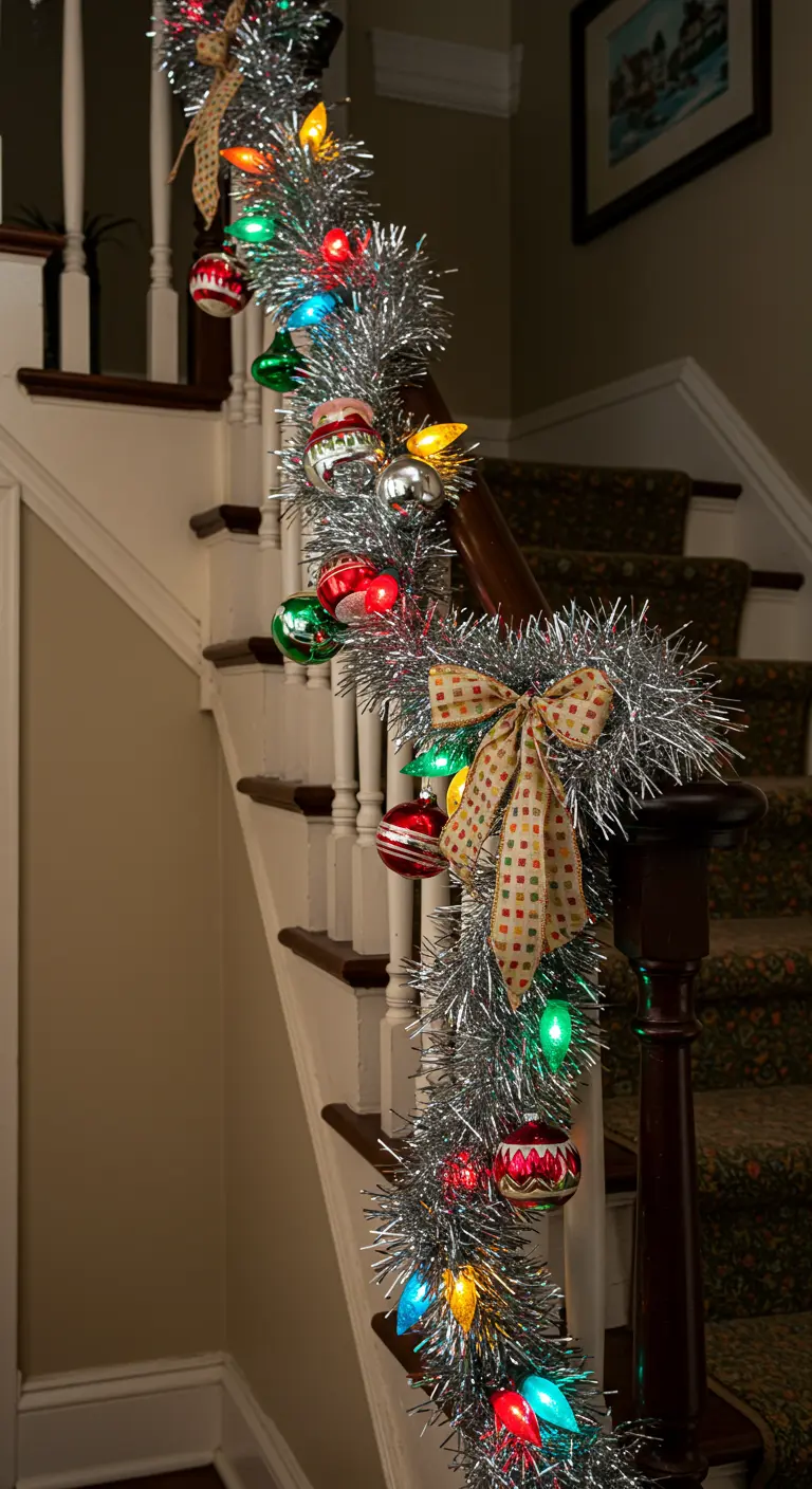 Guirlande de tinsel argenté avec de grosses lumières colorées et des ornements vintage.