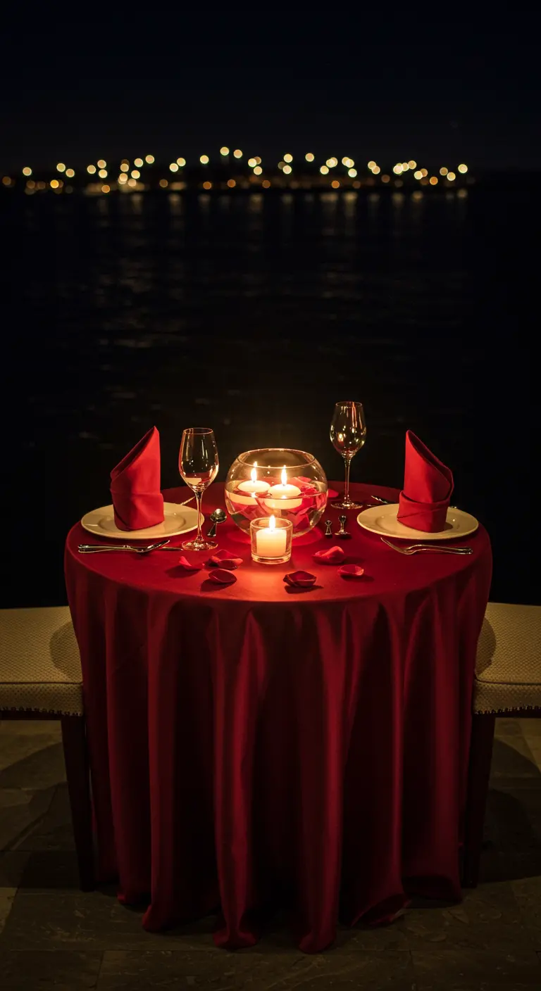 Dîner romantique pour deux avec bougies flottantes et nappe rouge.
