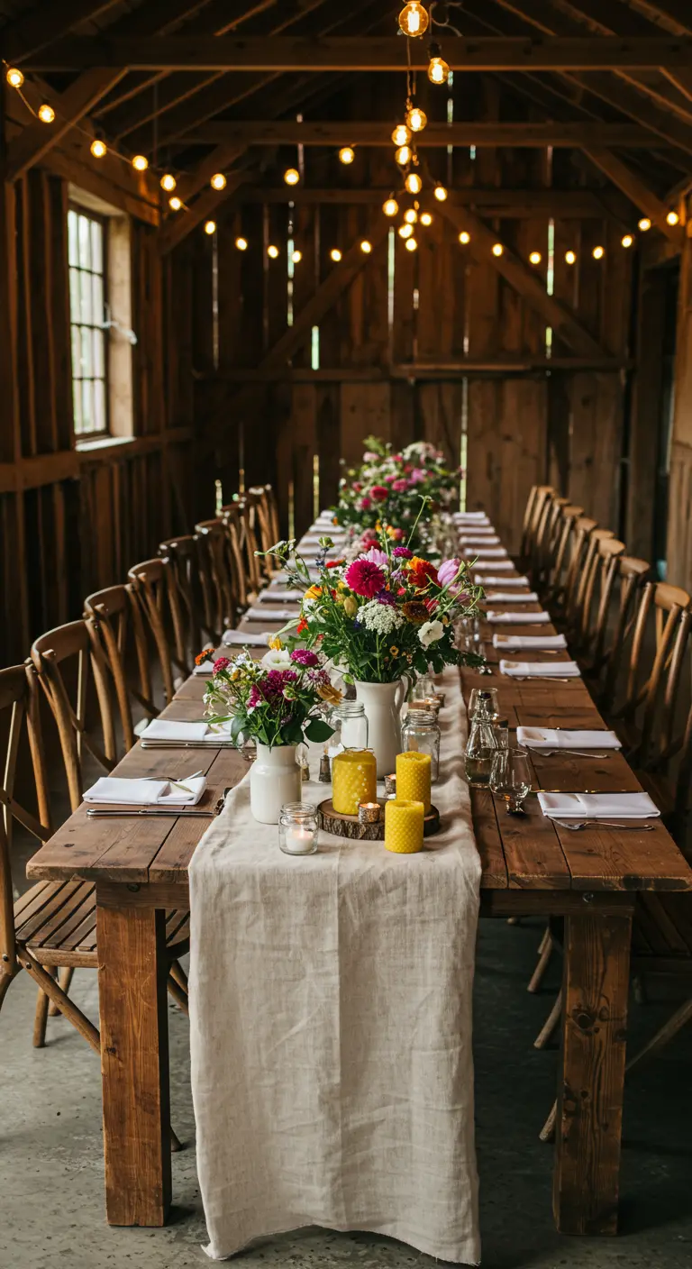 Longue table en bois dans une grange, décorée de fleurs sauvages et de bougies en cire d'abeille.