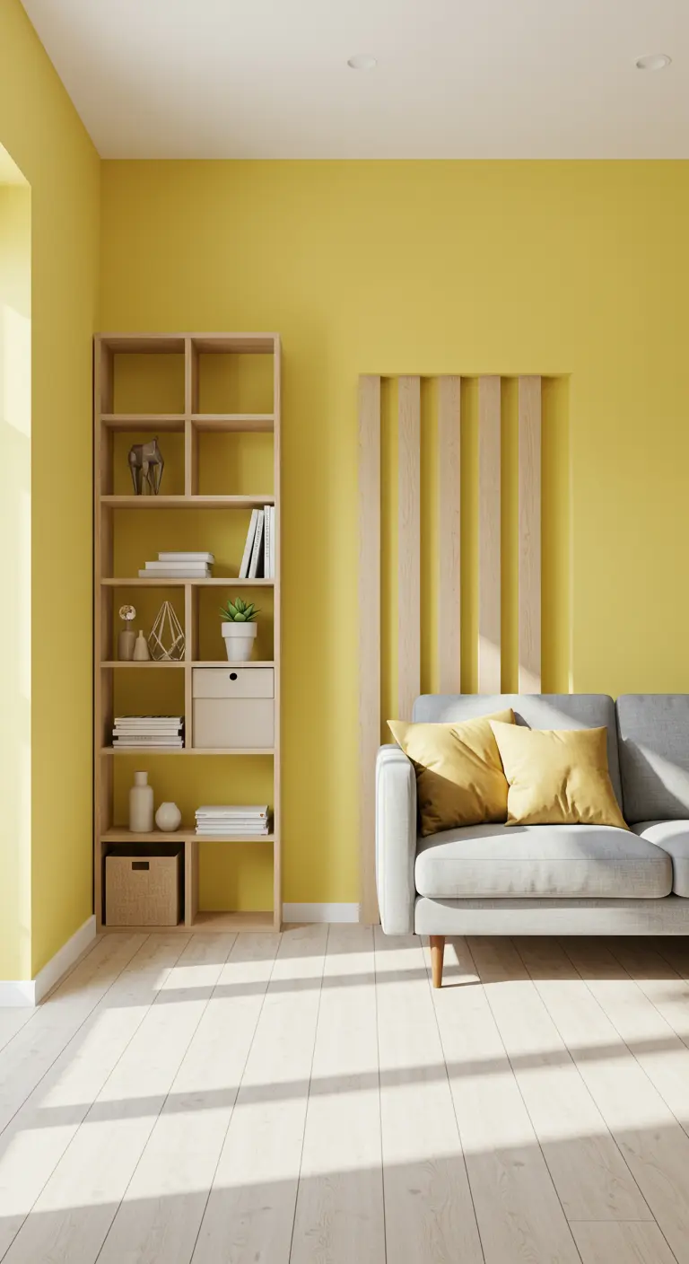 Salon lumineux avec un mur jaune pastel, canapé gris et bibliothèque en bois clair.