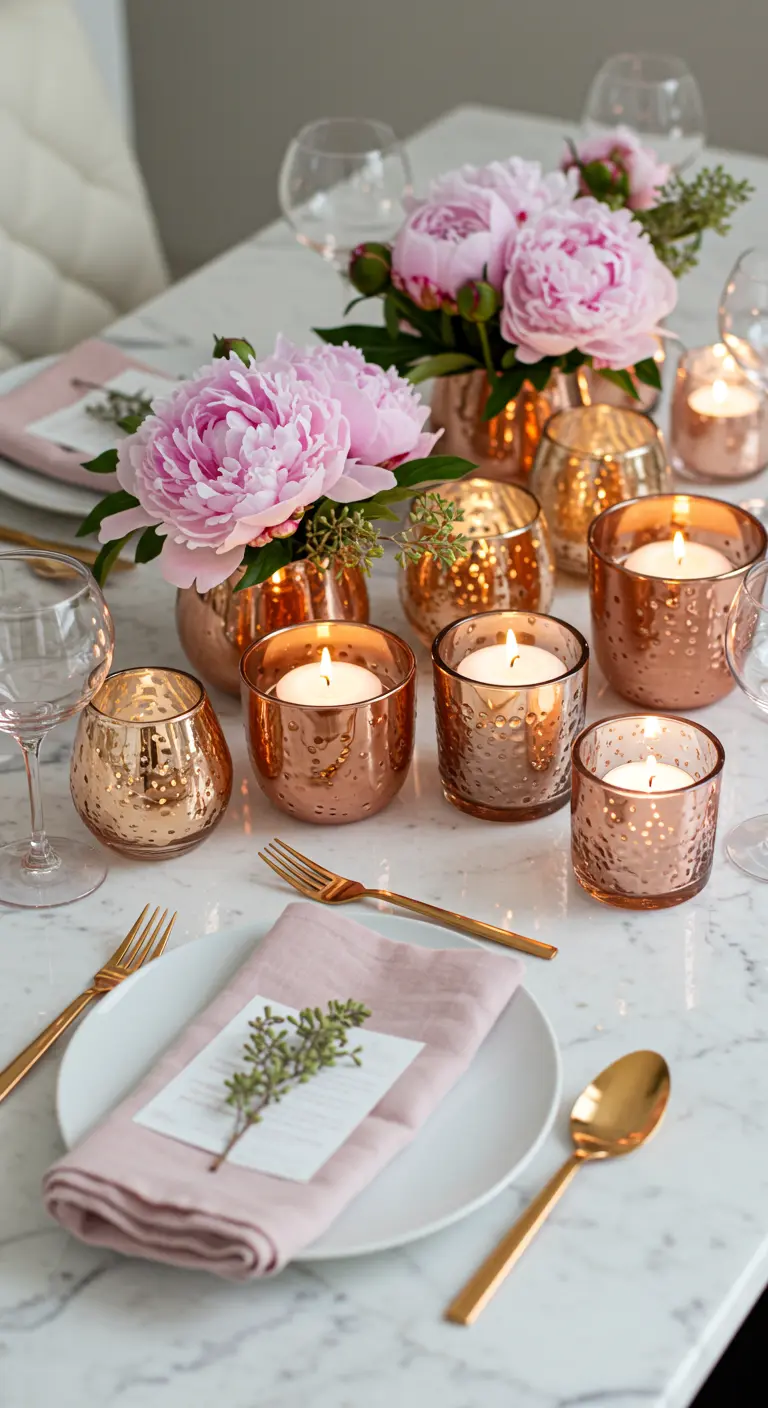 Table en marbre avec des bougies flottantes dans des photophores en cuivre et des pivoines roses.
