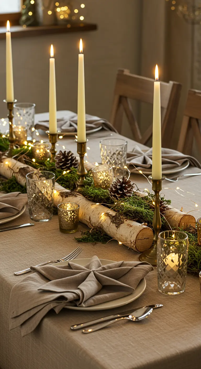 Table avec des bûches de bouleau, de la mousse, des chandeliers en laiton et des bougies.