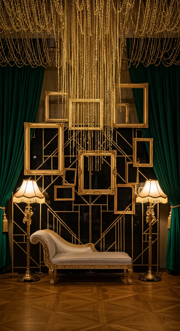 Coin photo Nouvel An style Gatsby avec cadres dorés et rideaux en velours vert.