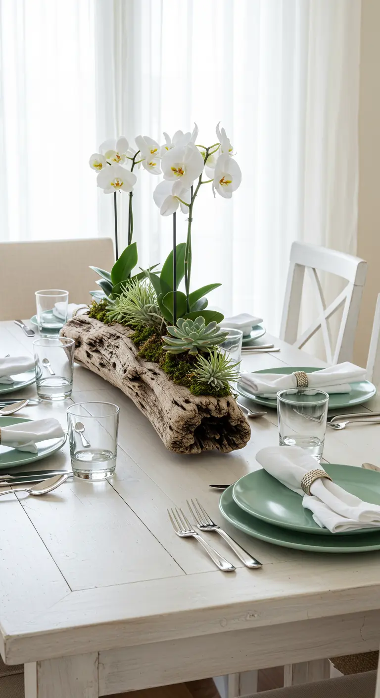 Centre de table composé d'un bois flotté garni d'orchidées et de succulentes.
