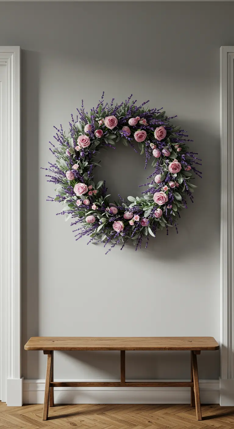 Couronne de lavande et roses roses suspendue dans une entrée au mur gris.