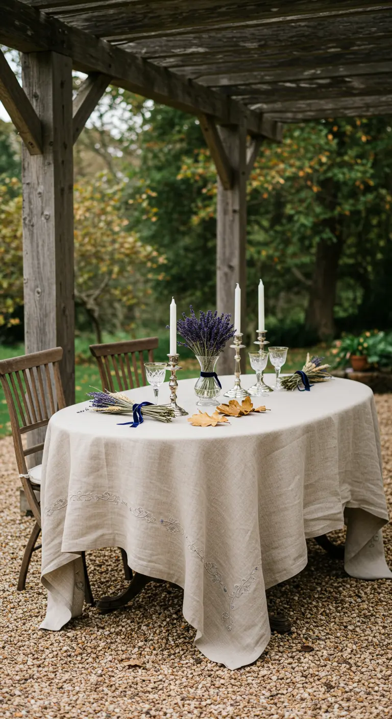 Petite table champêtre avec nappe en lin, bougies et bouquets de lavande.