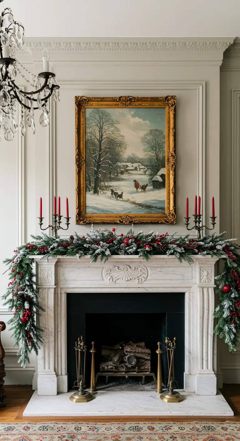 Cheminée en marbre blanc avec un grand tableau d'hiver et des chandeliers en argent symétriques.