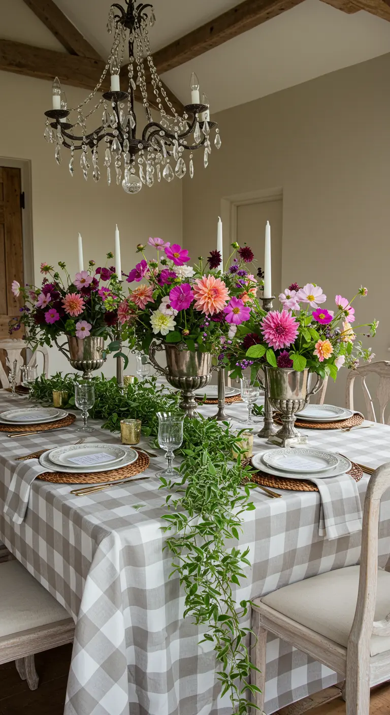 Table de réception élégante avec nappe à carreaux gris et compositions florales roses.