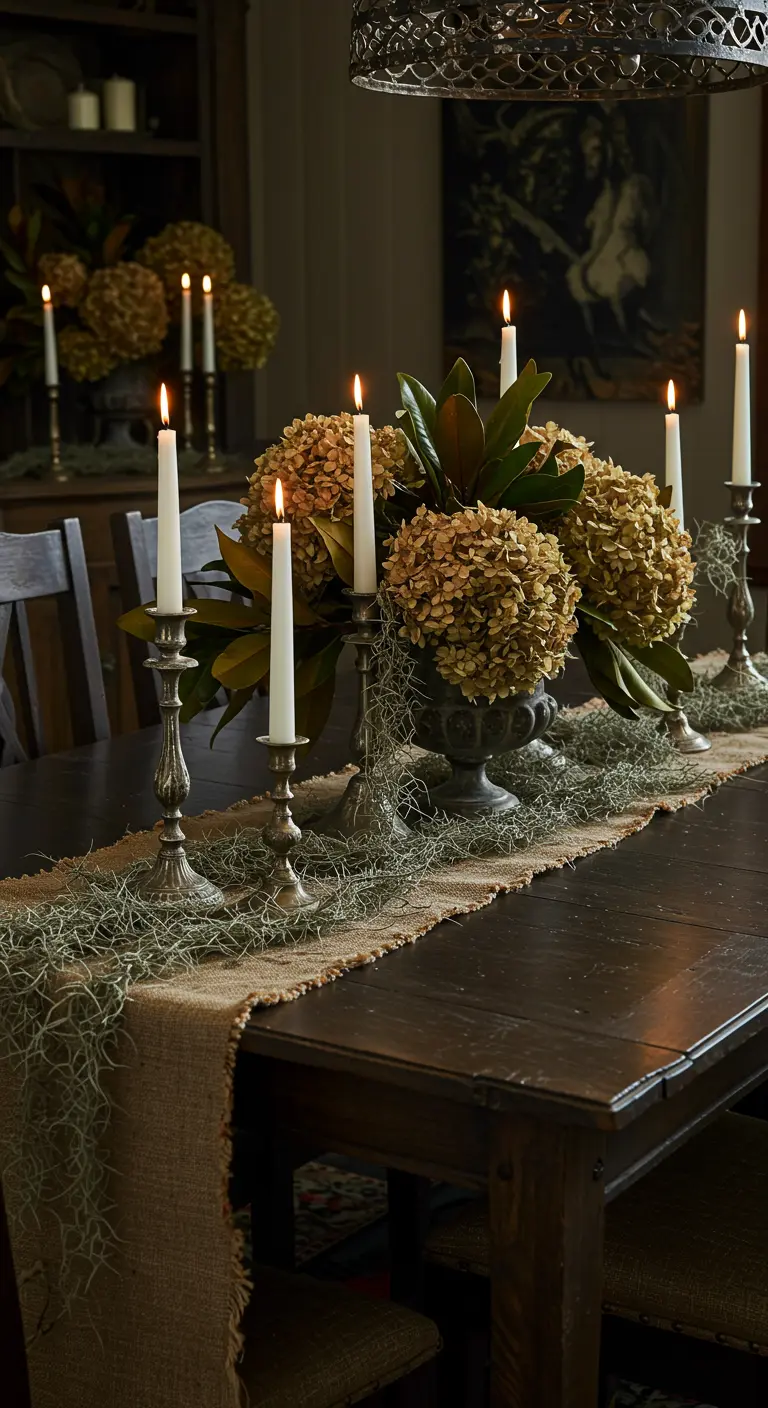 Table sombre avec des hortensias séchés, de la mousse espagnole et des bougies hautes.