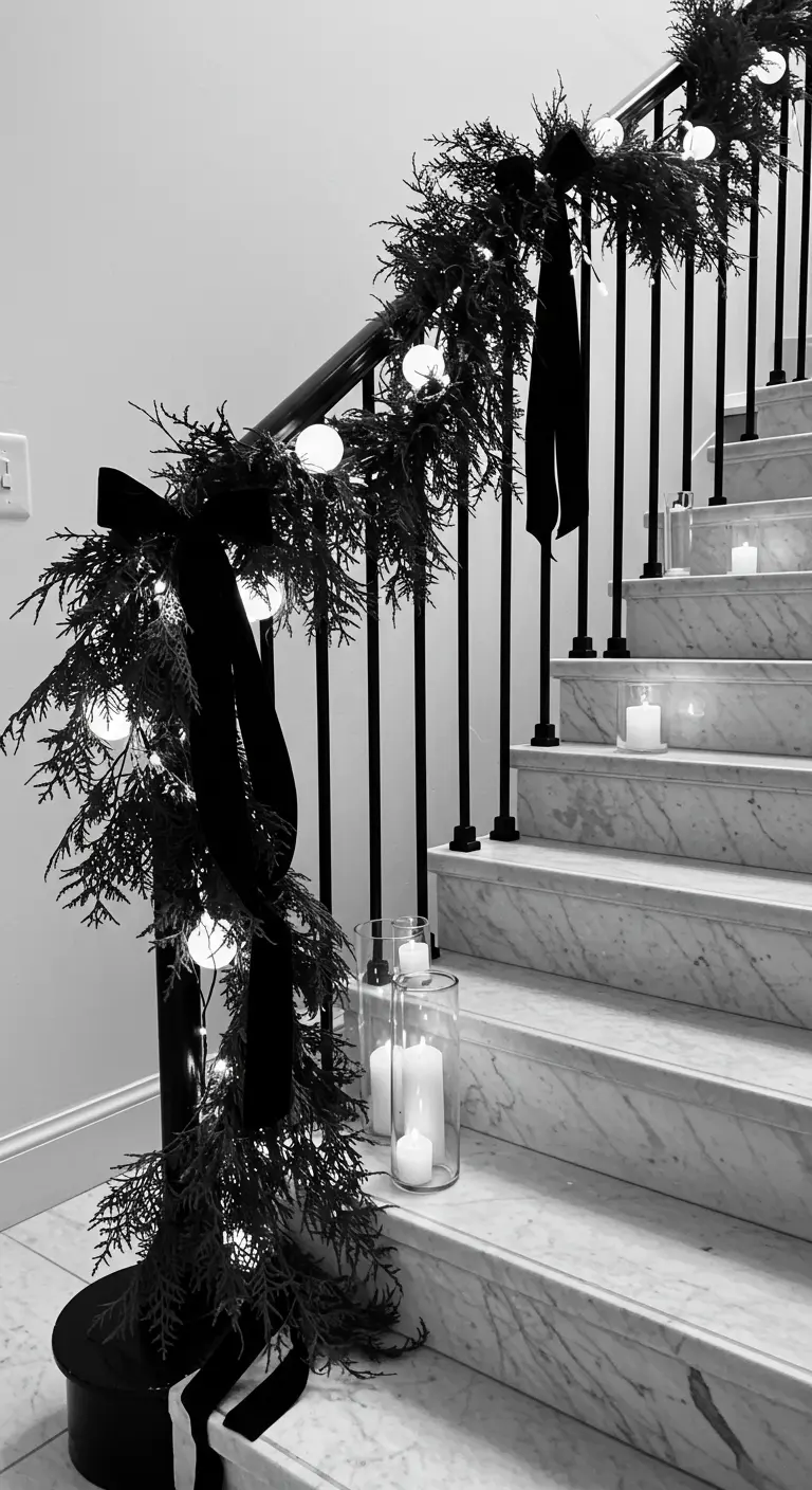 Escalier en marbre avec une guirlande sombre, un ruban noir et de grosses lumières blanches.