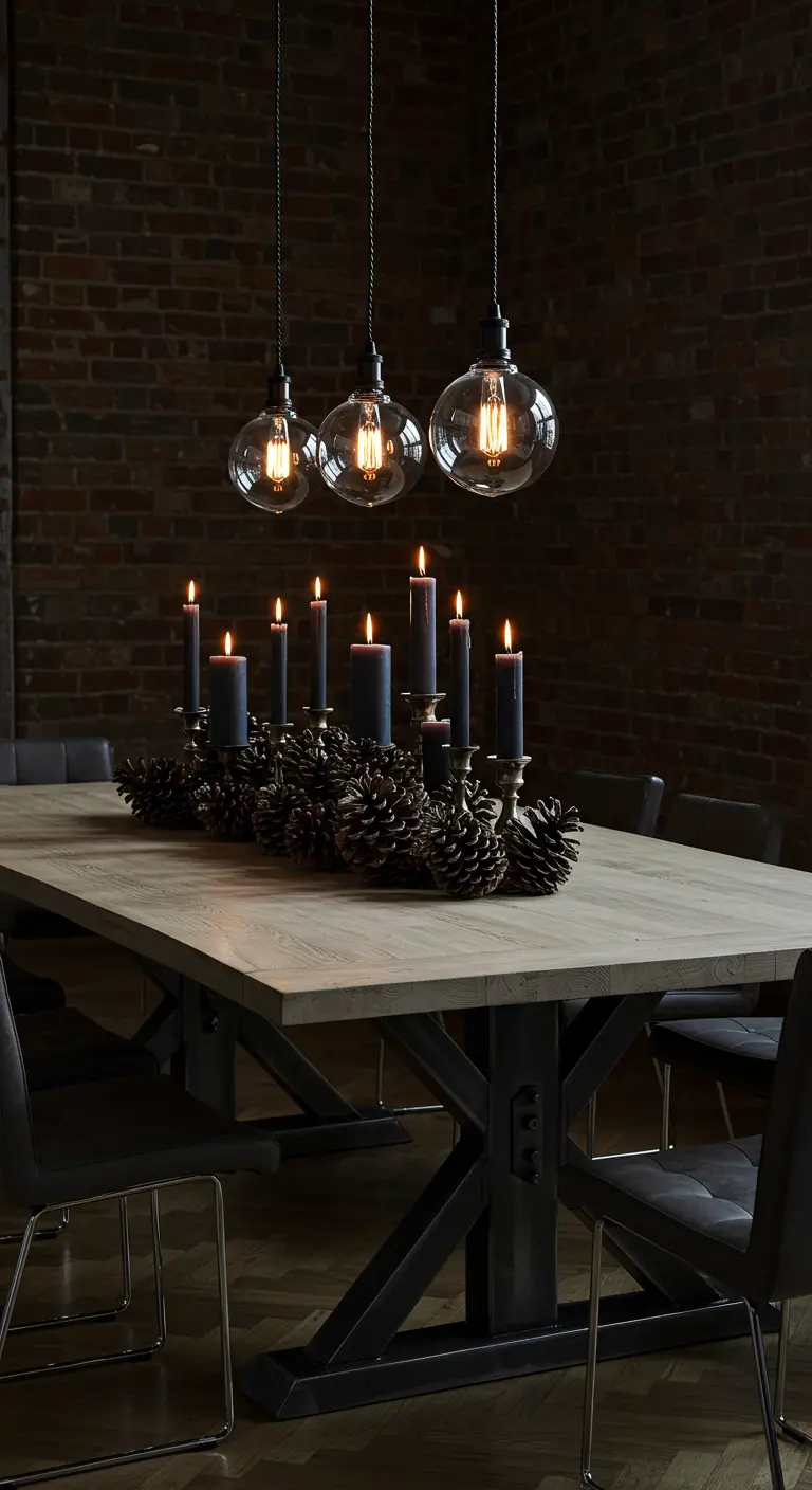 Centre de table industriel avec bougies noires, chandeliers en laiton et pommes de pin.