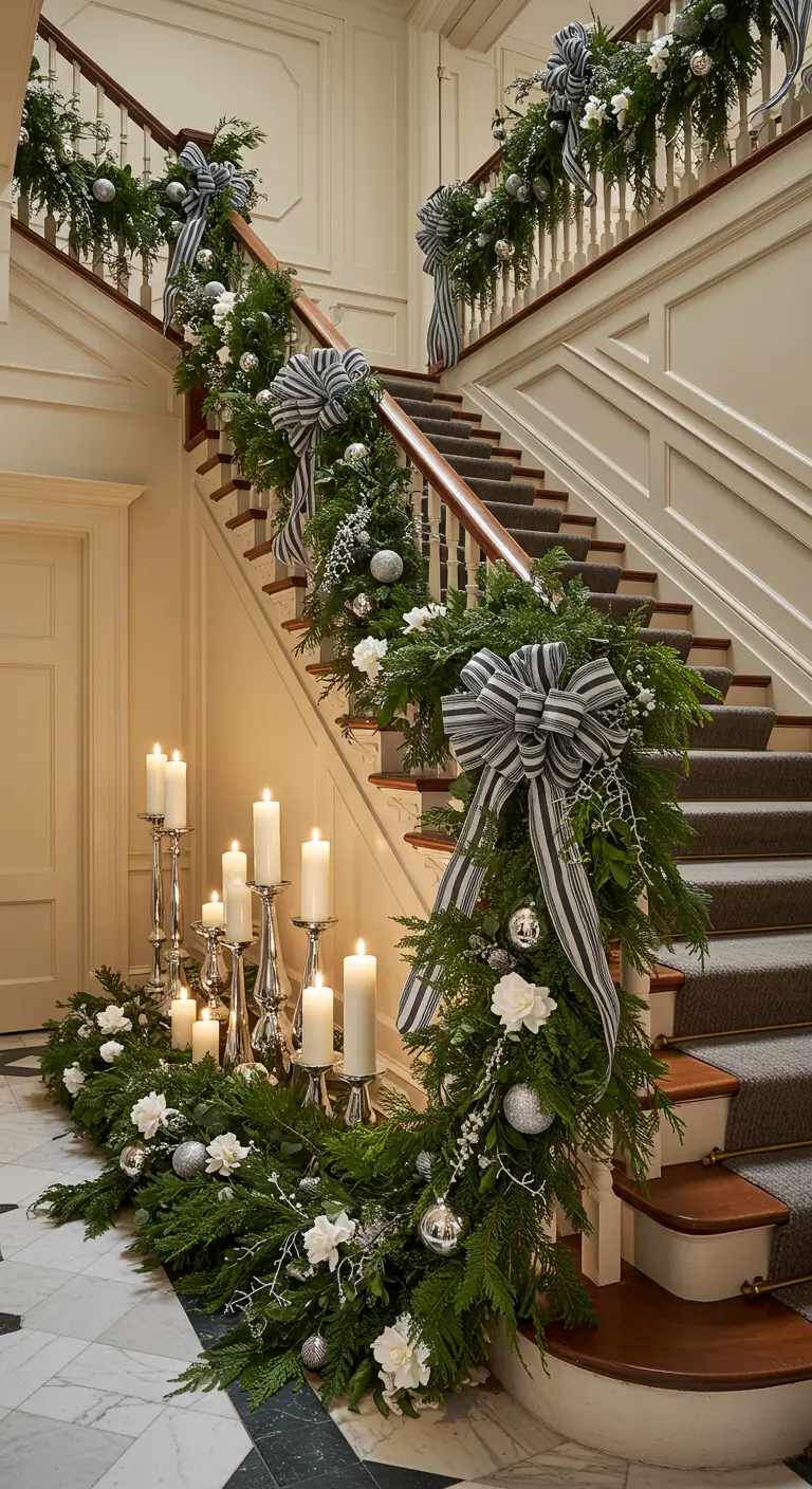 Grand escalier blanc avec une décoration opulente de verdure, fleurs blanches et rubans rayés.