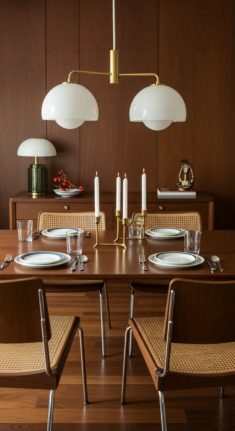 Table de salle à manger Mid-Century avec un bougeoir en laiton et des murs en bois.