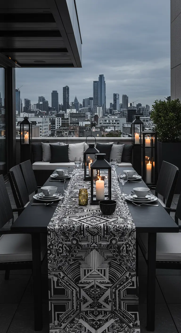 Table de soirée sur un rooftop, décorée en noir et blanc avec un chemin de table graphique et des lanternes