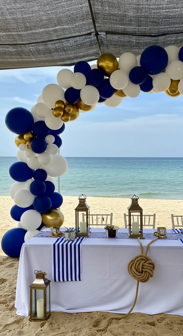 Arche de ballons bleu marine, blanc et or devant une table de fête sur la plage.