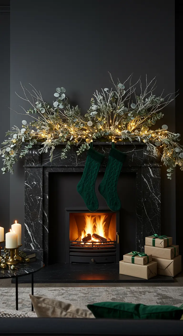 Cheminée en marbre noir avec chaussettes vert émeraude et guirlandes.