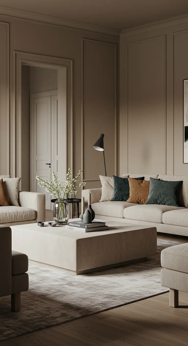 Salon spacieux avec murs taupe, grand canapé beige et table basse carrée assortie.