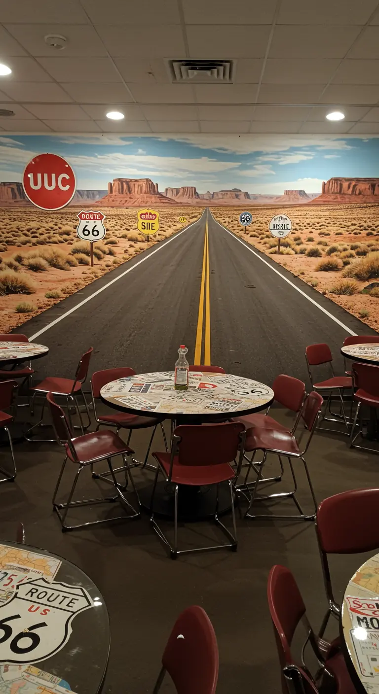 Restaurant avec une immense fresque murale de la Route 66 dans le désert.