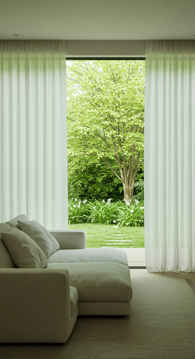 Canapé blanc face à une baie vitrée ouverte sur un jardin verdoyant