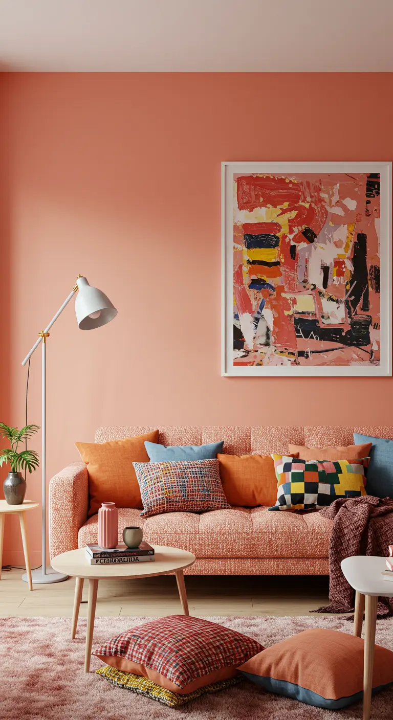 Salon vibrant avec mur corail, canapé texturé et multiples coussins colorés.