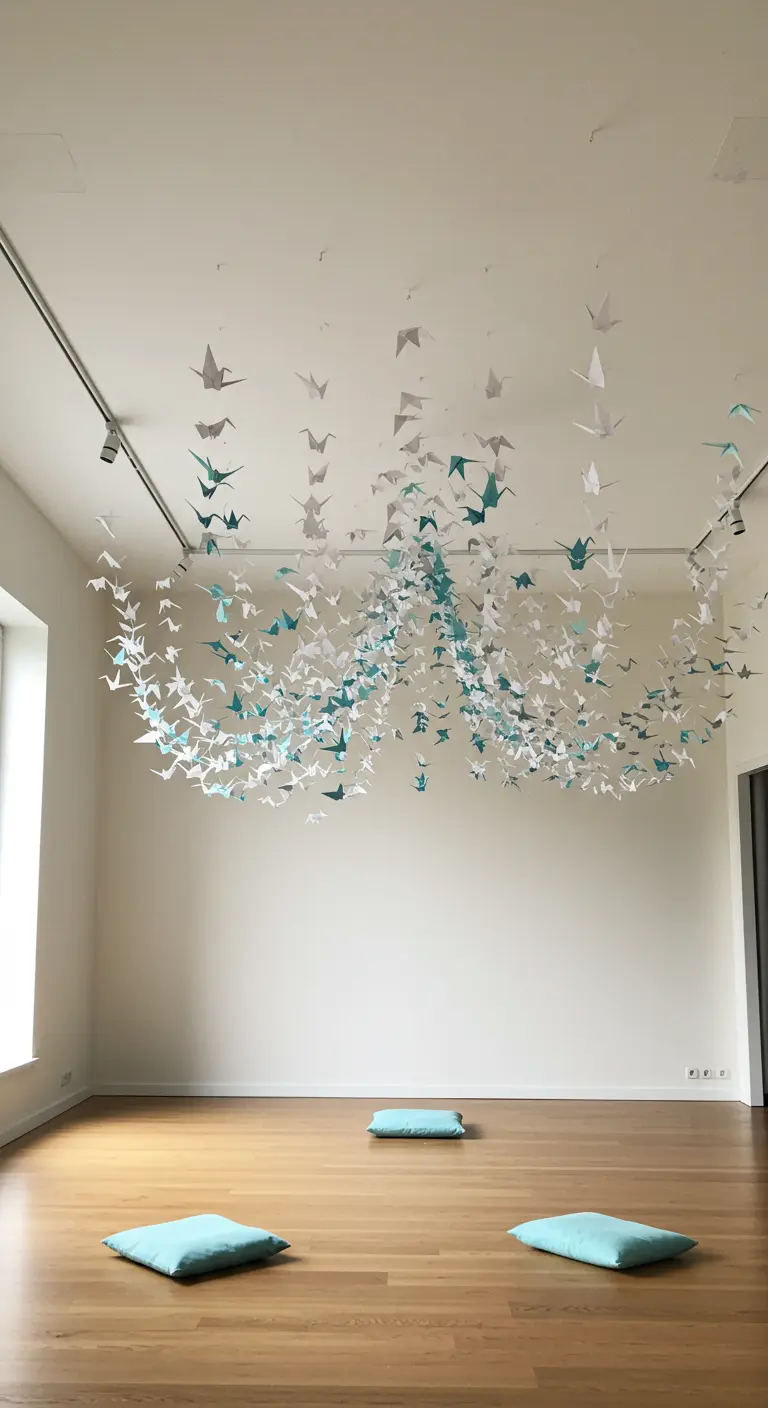 Sculpture mobile suspendue composée de centaines de grues en origami blanches et turquoises.