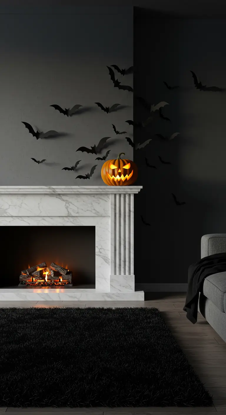 Citrouille sculptée sur une cheminée en marbre blanc avec des chauves-souris noires au mur.