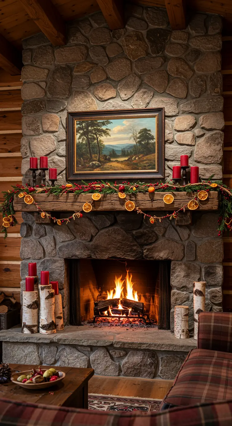 Cheminée en pierre avec une guirlande d'oranges séchées et des bougies rouges sur des rondins de bouleau.