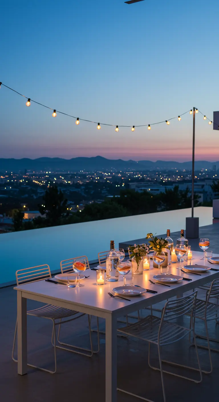 Table minimaliste dressée au crépuscule, surplombant une ville illuminée.