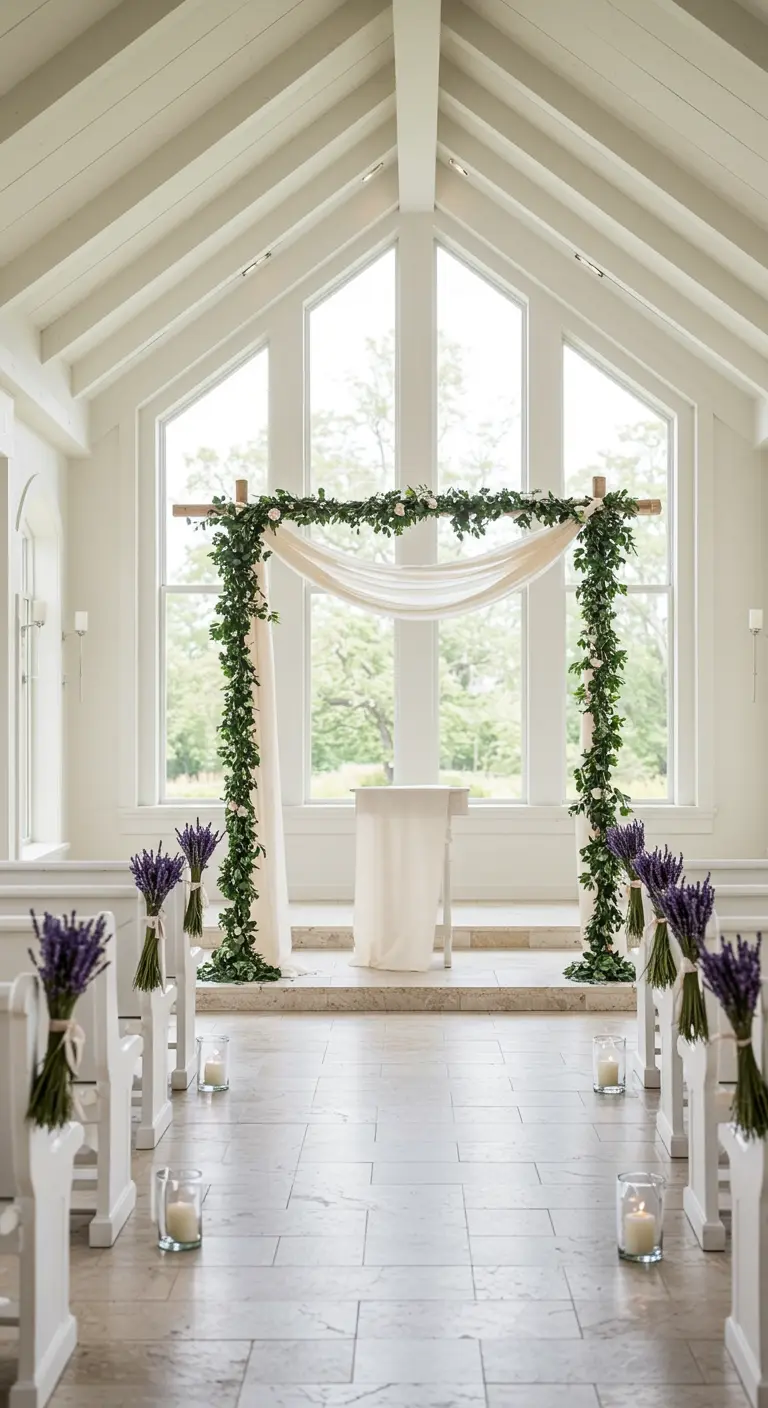 Arche minimaliste avec du lierre et un voilage dans une chapelle blanche et moderne.
