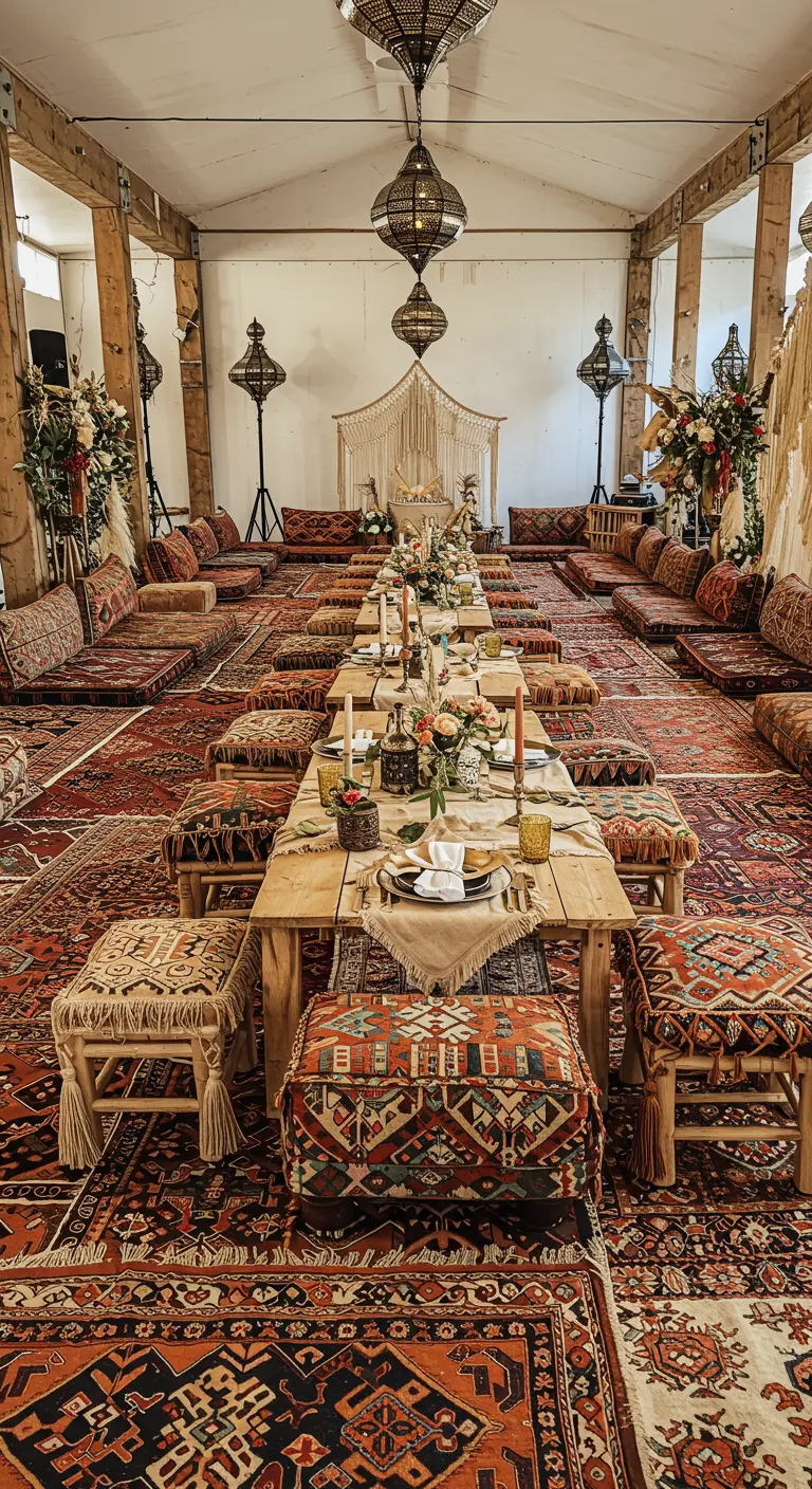 Ambiance marocaine avec des tapis et des coussins au sol autour d'une table basse.