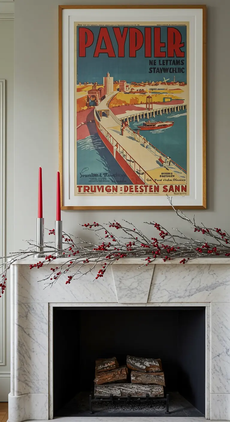 Cheminée en marbre avec une grande affiche de voyage rétro et une guirlande de branches givrées.