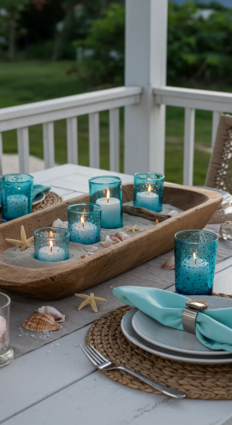 Centre de table marin avec bougies bleues dans du sable et des coquillages.