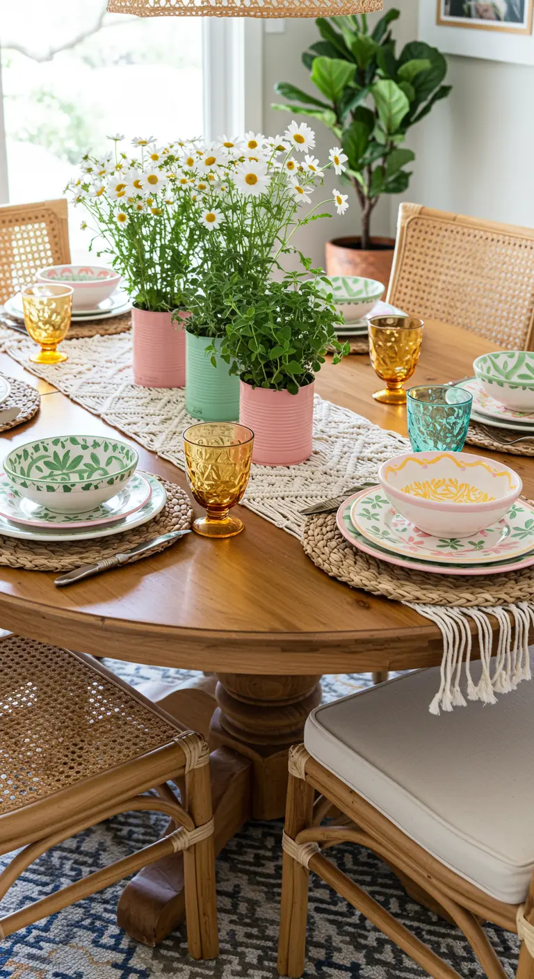 Table de brunch bohème avec des pots de fleurs colorés faits maison et un chemin de table en macramé.