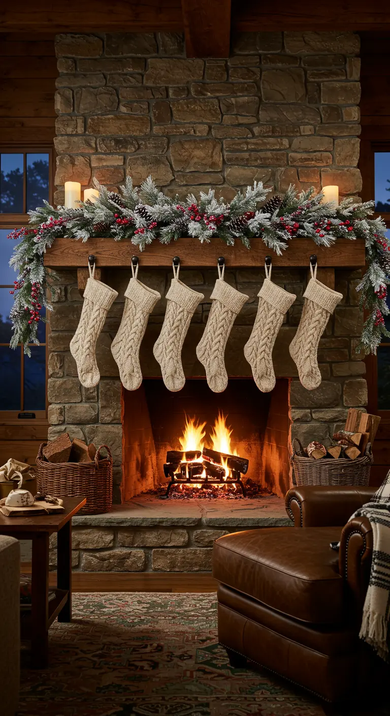 Cheminée en pierre rustique avec chaussettes crème et guirlande enneigée.