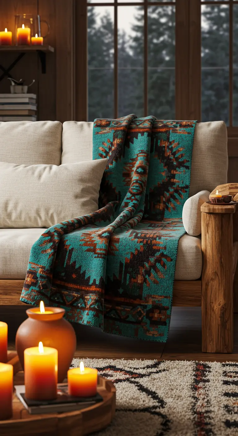 Canapé avec plaid à motifs du Sud-Ouest et bougies dans des pots en terre cuite.