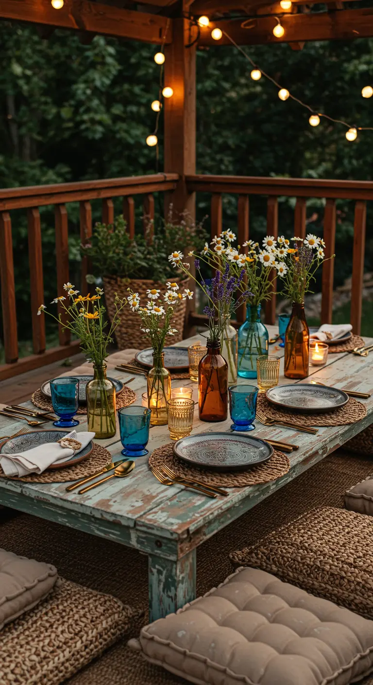 Table d'extérieur avec des fleurs sauvages dans des bouteilles colorées.