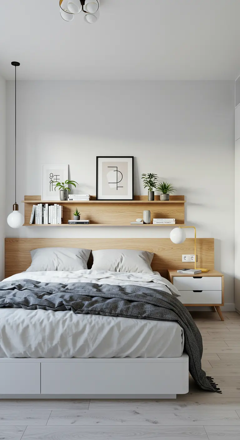 Une longue étagère en bois clair avec des livres et des plantes est installée au-dessus d'un lit.