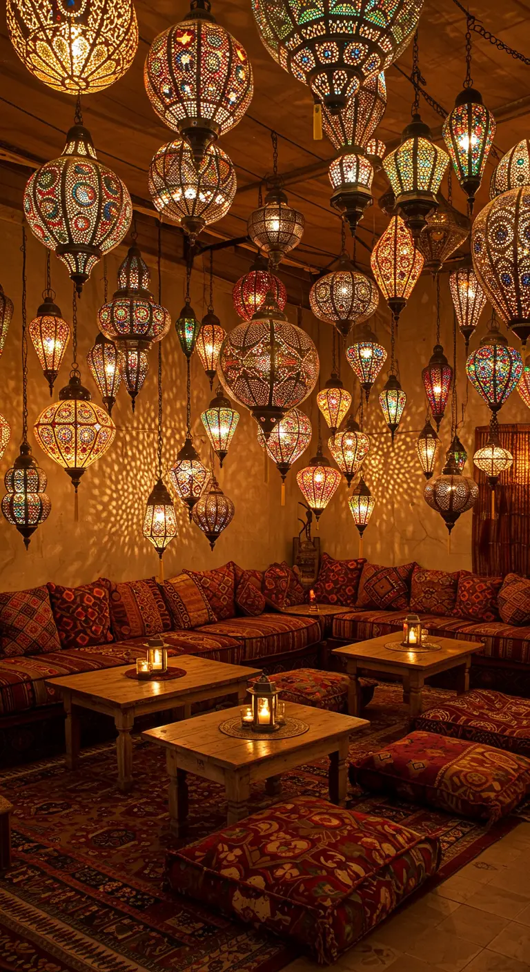 Plafond couvert d'une multitude de lanternes marocaines colorées et illuminées.