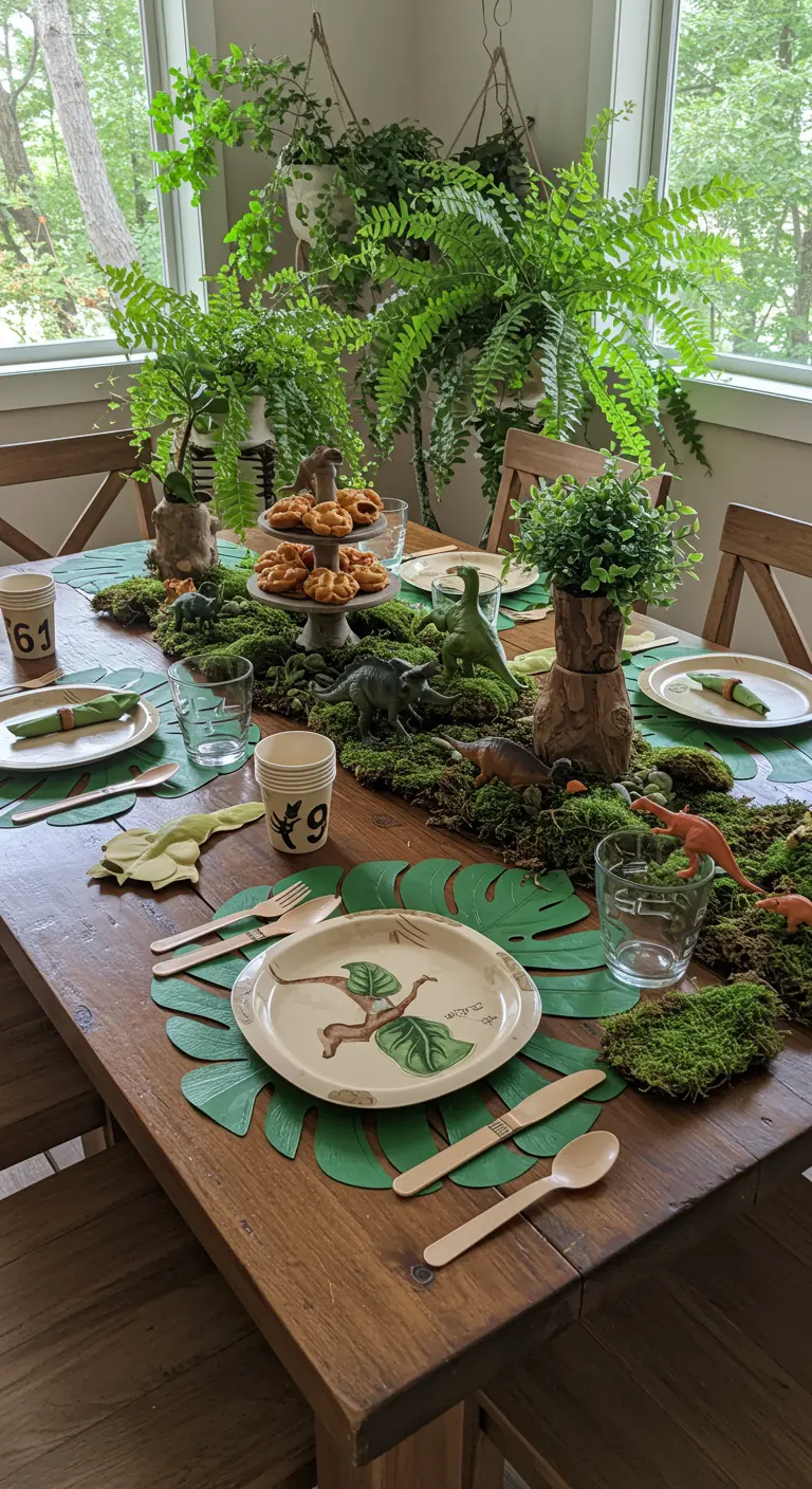 Table de fête sur le thème des dinosaures avec de la mousse et des plantes.