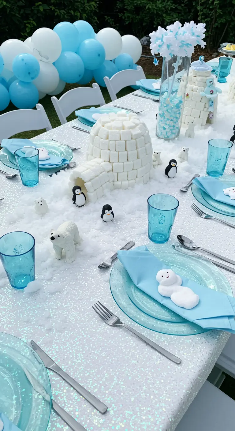 Table d'anniversaire sur le thème polaire avec un igloo en sucre et des pingouins.