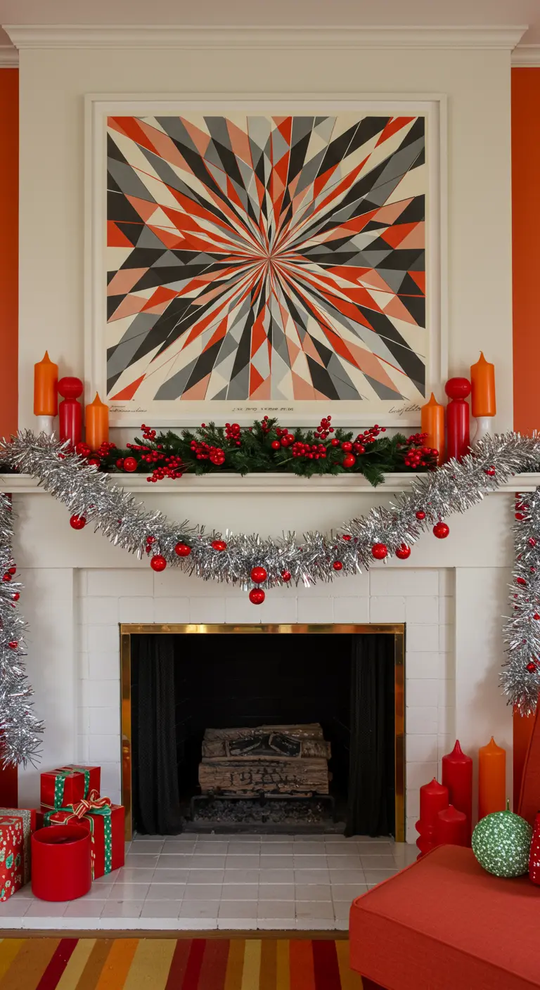 Cheminée blanche avec une œuvre d'art géométrique, une guirlande tinsel argentée et des bougies orange.