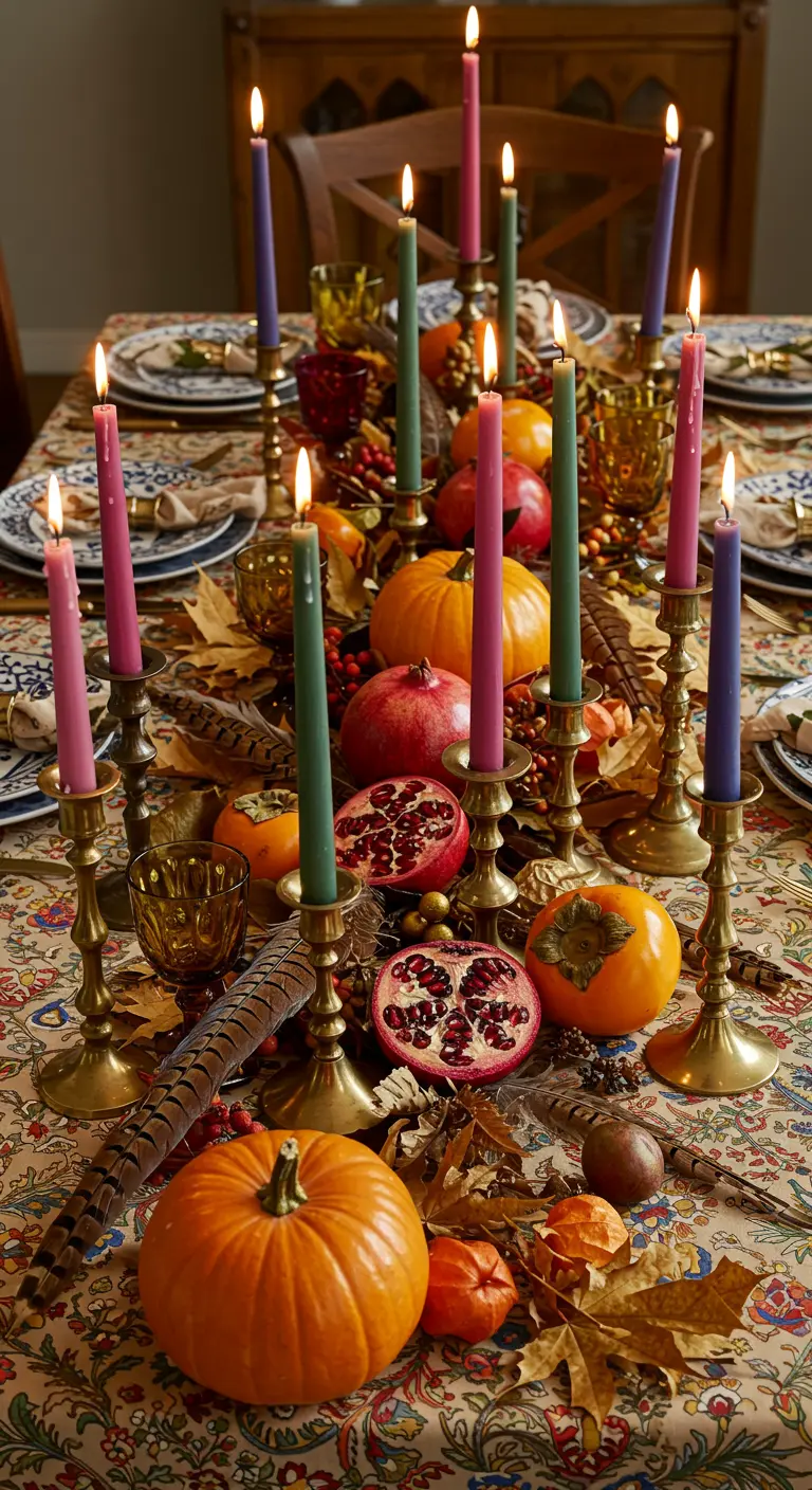 Centre de table maximaliste avec des bougies colorées, des fruits et des citrouilles.