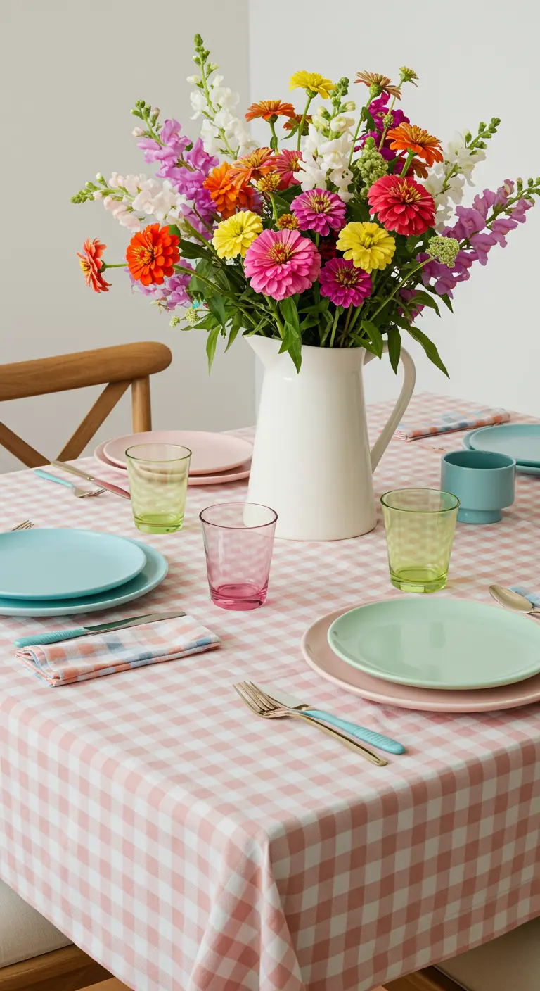 Table colorée avec nappe vichy rose, vaisselle pastel et bouquet multicolore.