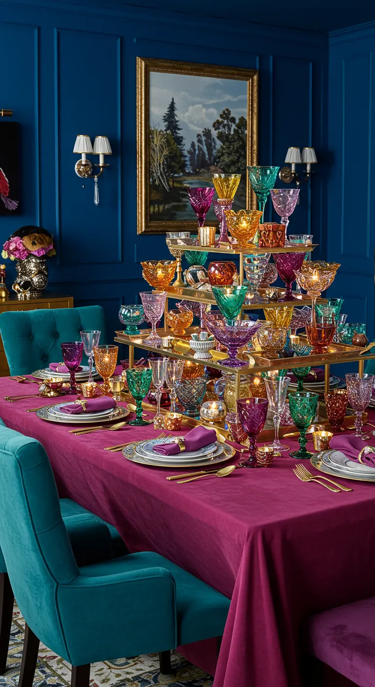 Table maximaliste avec une pyramide de verres colorés contenant des bougies flottantes.