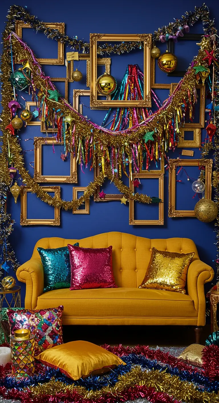 Scène de Nouvel An maximaliste avec canapé jaune et décorations colorées.