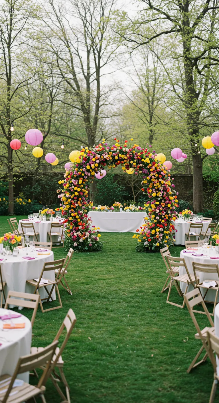 Arche de mariage multicolore et luxuriante dans un jardin pour une réception en plein air.