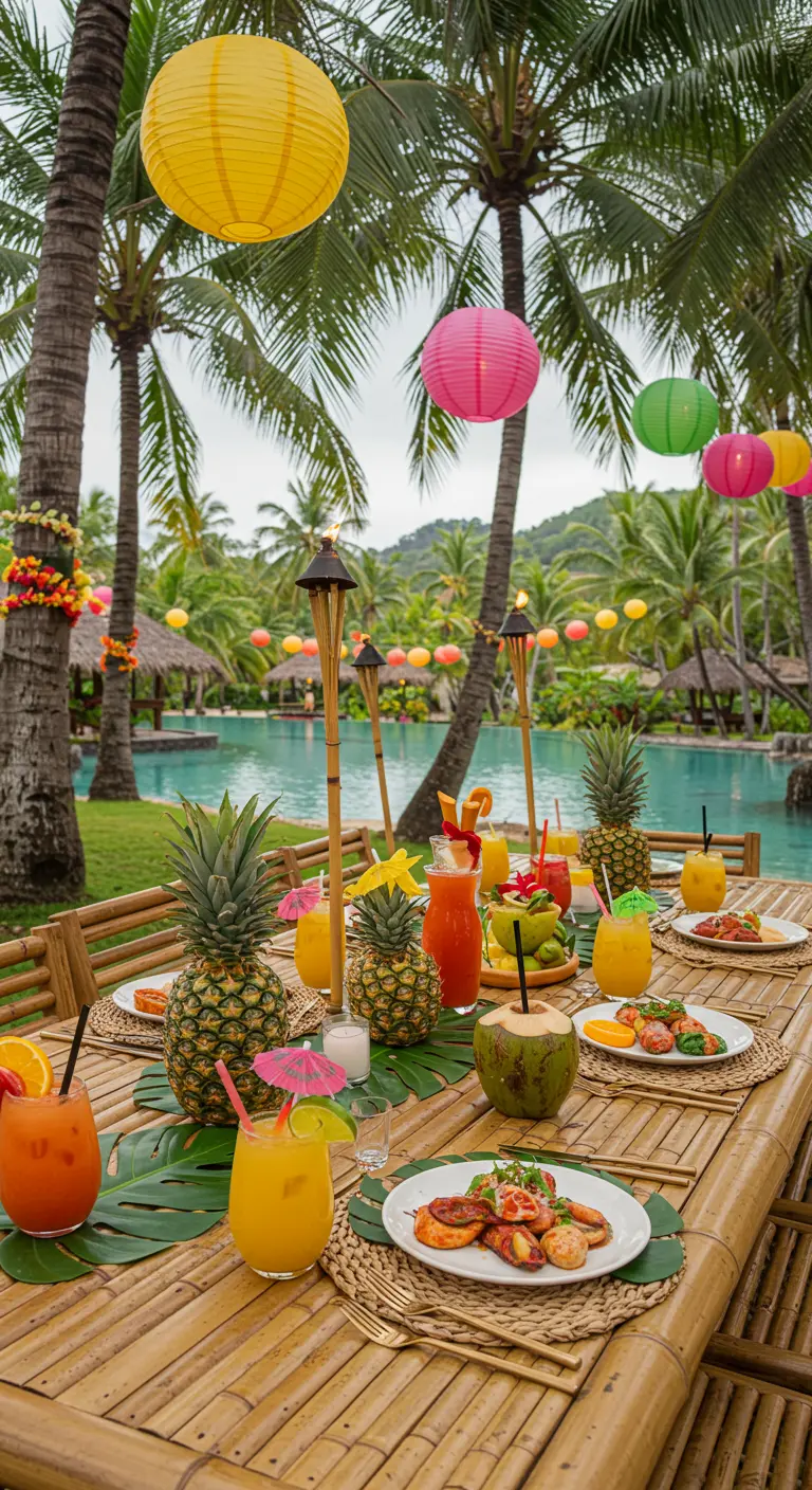 Table en bambou avec ananas, lampions colorés et cocktails tropicaux.
